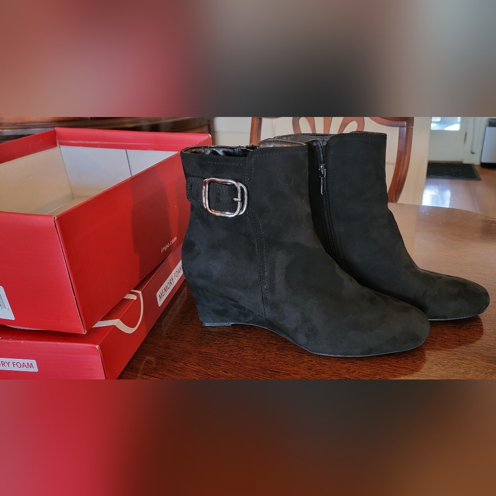 Impo Black Suede Wedge Ankle Booties with Side Zip
